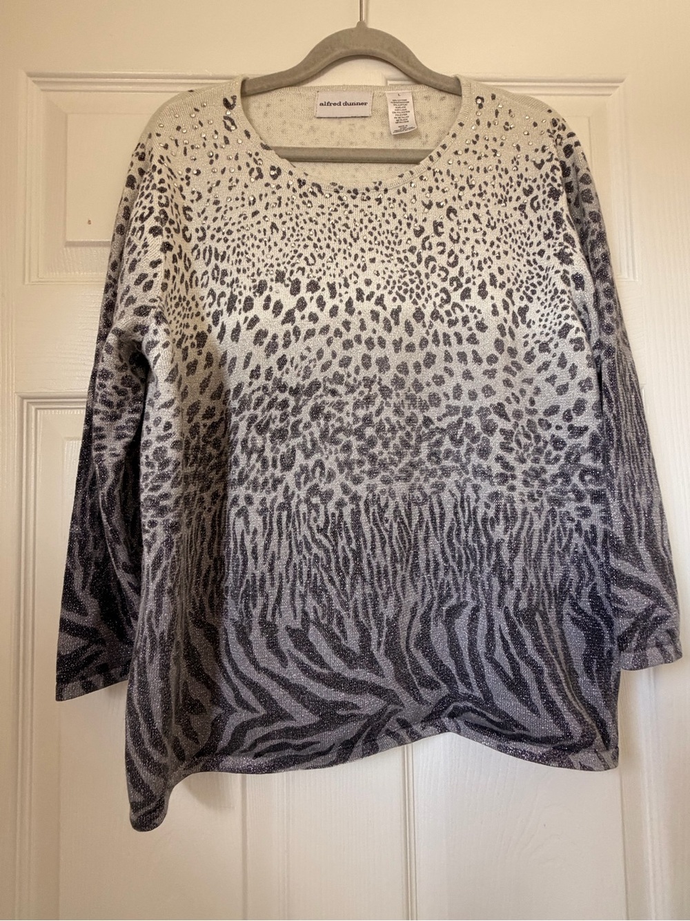 Alfred Dunner Cream and Gray Animal Print Scoop Neck Sweater